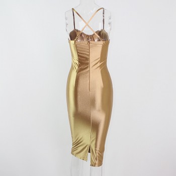 Gold Bodycon Party Dress Strapless Open Back Midi Dresses Tight Package Hips Split Back Dress